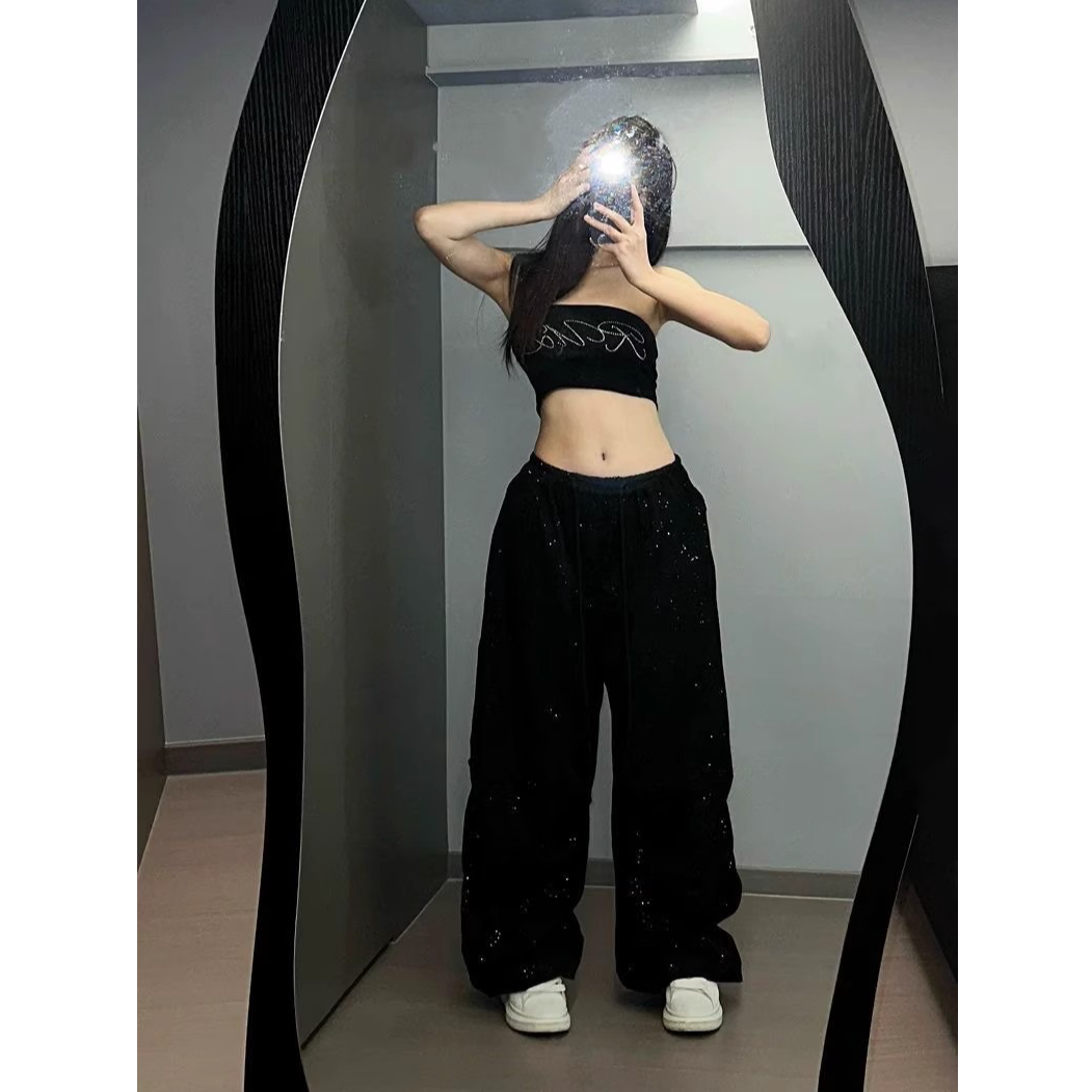 美式碎闪繁星烫金工装阔腿裤辣妹爵士jzza慵懒随性显瘦个性运动裤