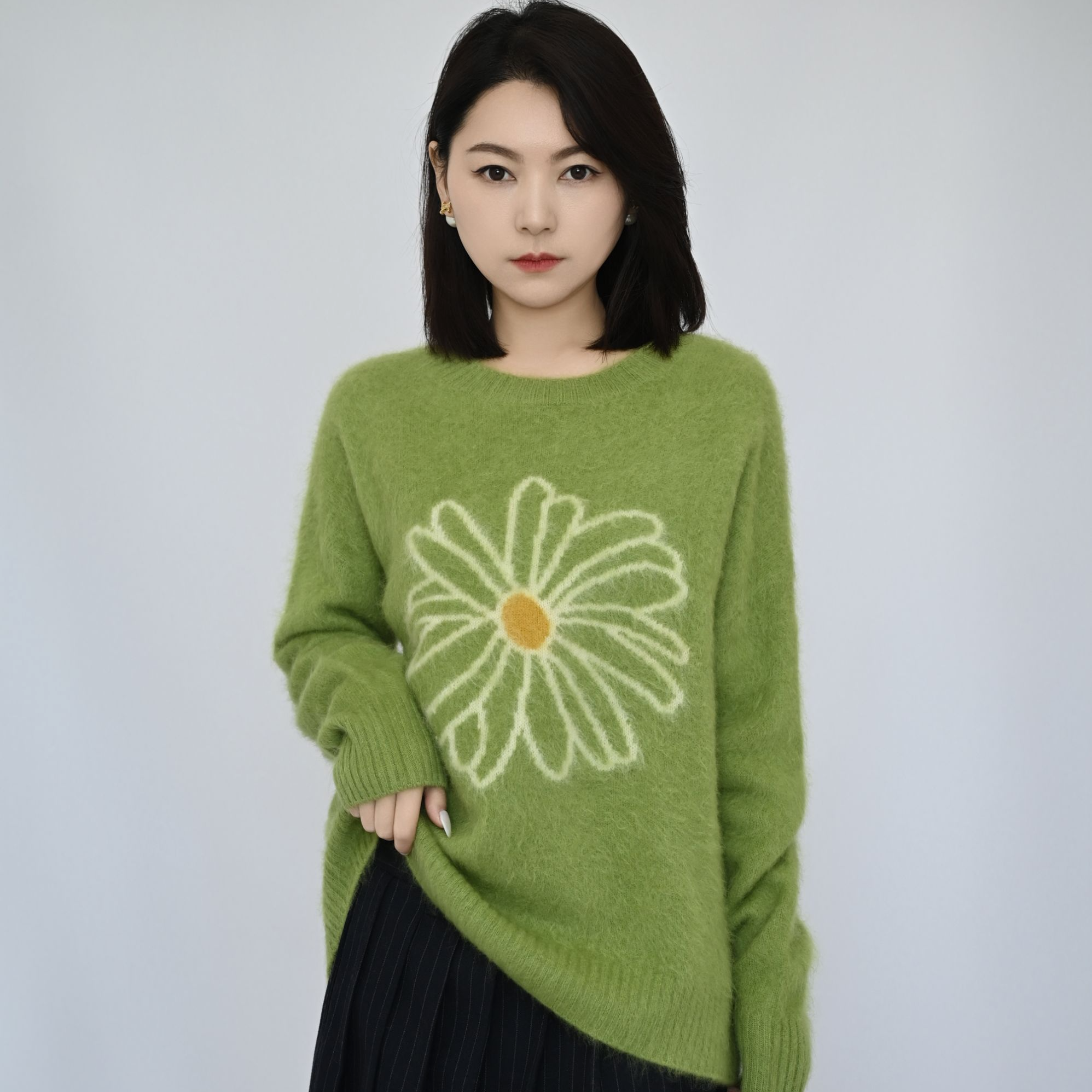 【浮光锦】秋冬百搭设计师款山羊绒拉毛圆领花朵厚款毛衣提花衫