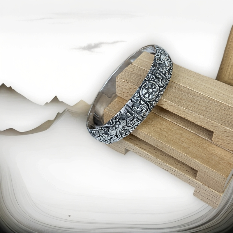 足银手镯 八宝錾刻高浮雕藏式八宝【双十一】足银手镯开口C19