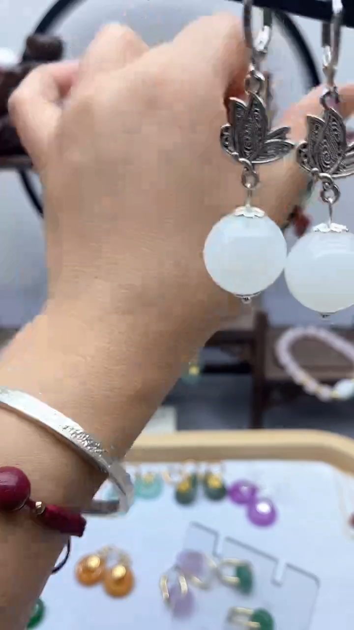 和田玉银S925镶嵌耳饰157