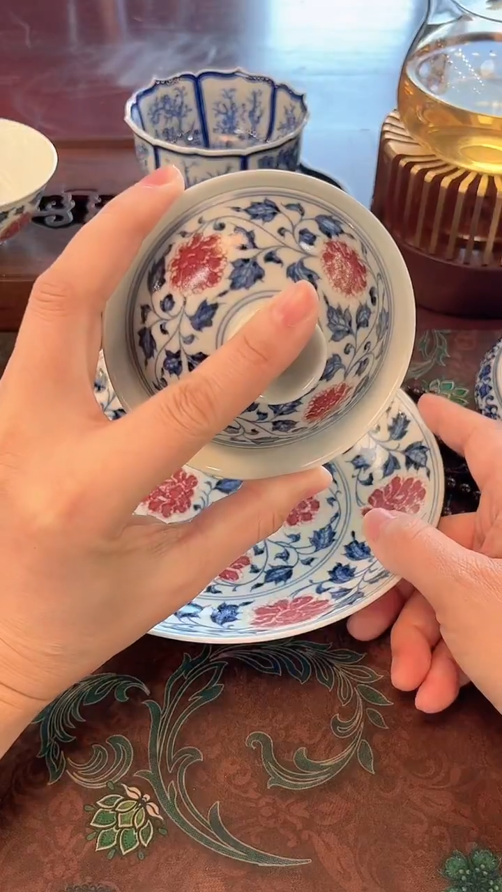 镹曰陶手工手绘制作茶具釉里红盖碗