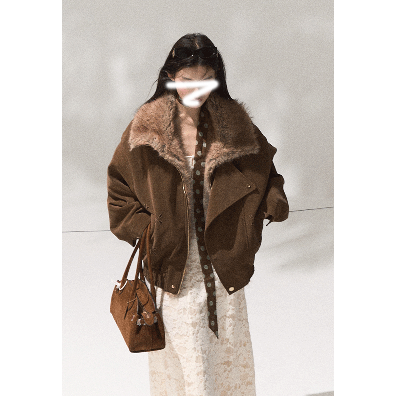 "橡树与榛子" 冬季保暖外套女毛领厚款短款夹克翻领上衣时尚宽松