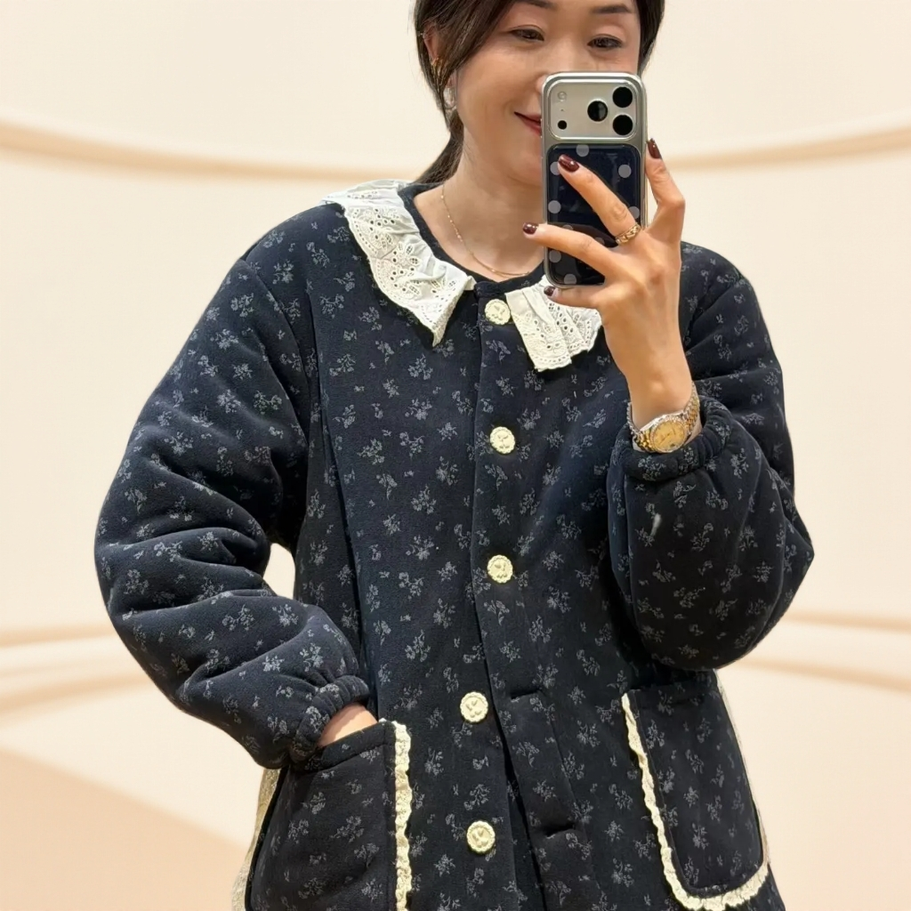 169藏蓝色冬季三层加厚蕾丝领可外穿女士家居服套装