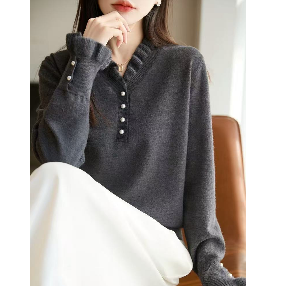 法式小众立领木耳边针织衫女25冬季新款设计感钉珠半开领打底上衣