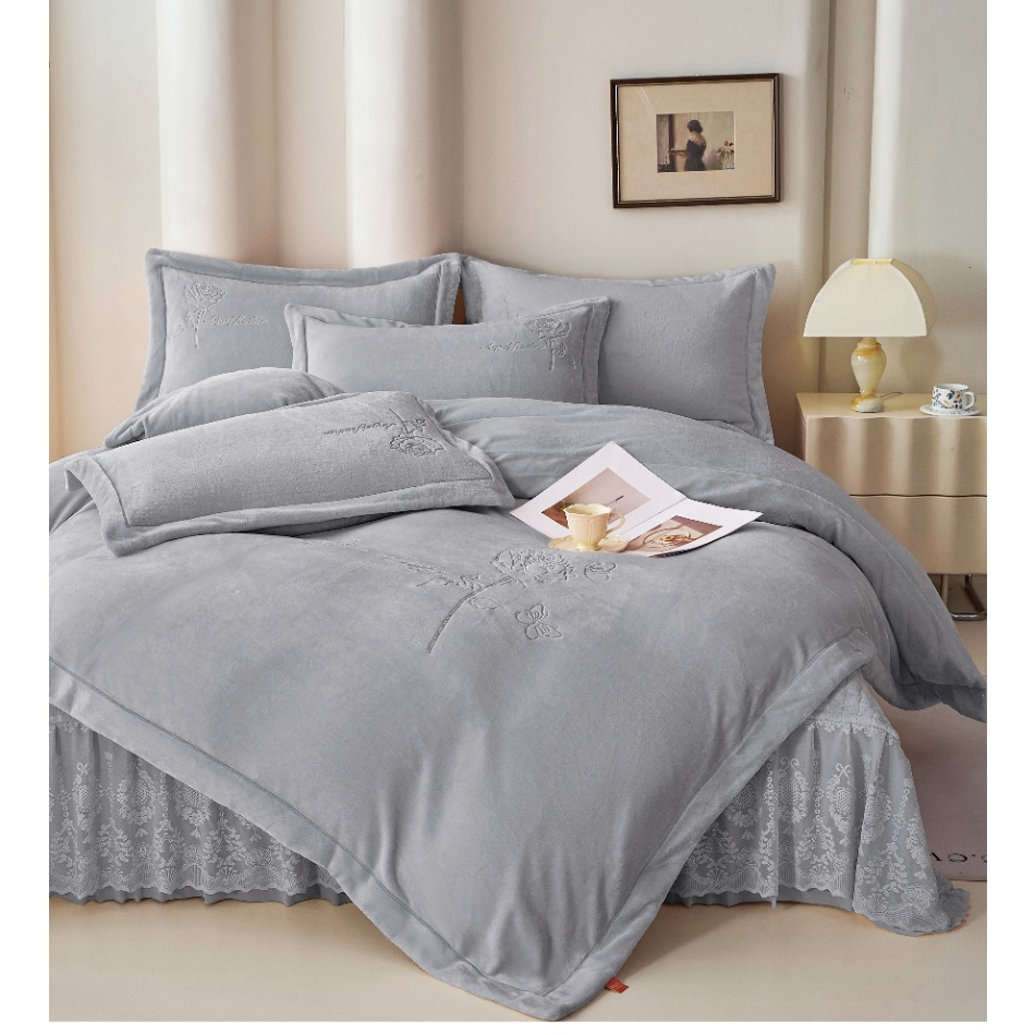 高级灰色-蝶恋花四件套-高克重加绒加厚夹棉床盖床裙牛奶绒铂金绒