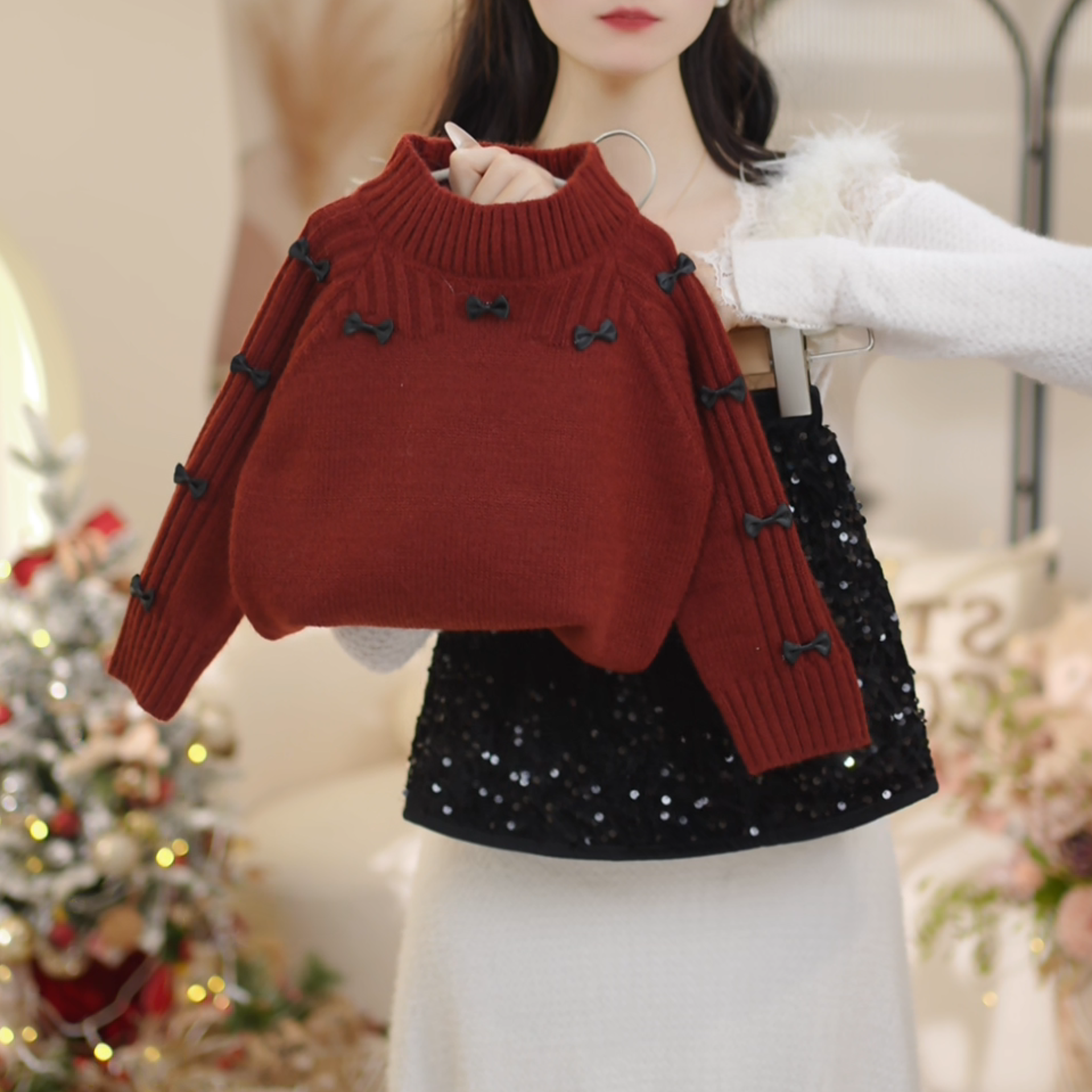 女童2026冬季新款洋气加厚蝴蝶结毛衣+亮片裙两件套C25169