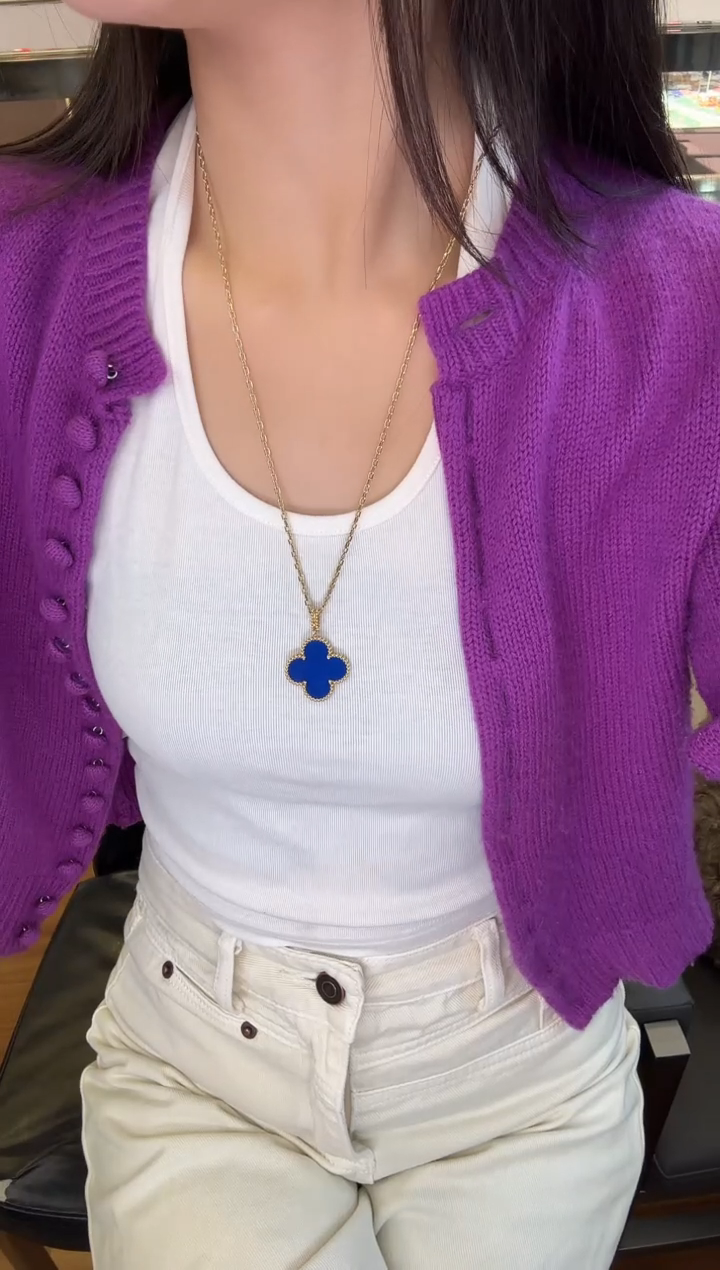 18K金镶嵌项链玛瑙/玉髓26mm蓝花项链60cm长