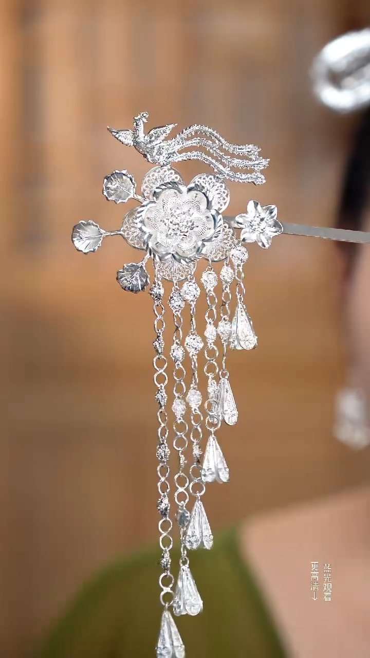 珐琅足银大牡丹花凤凰发簪57.5