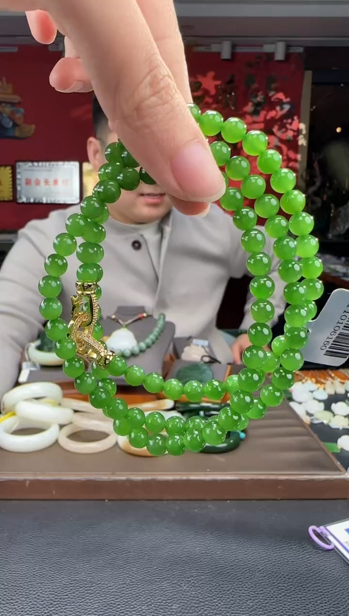 颈饰未镶嵌和田玉碧玉果绿多圈108卡6