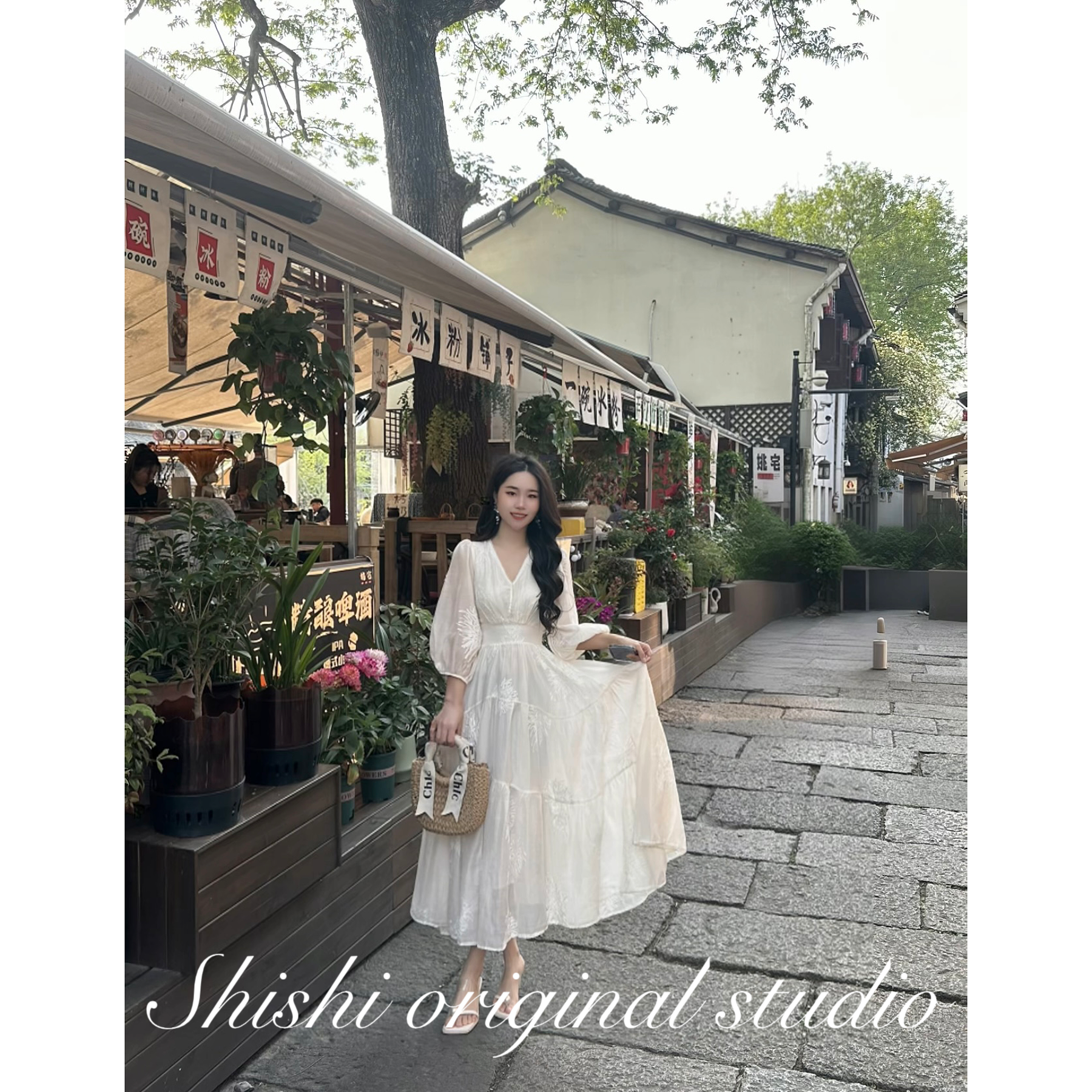 莱赛尔天丝七分袖V领珠珠长裙早秋款