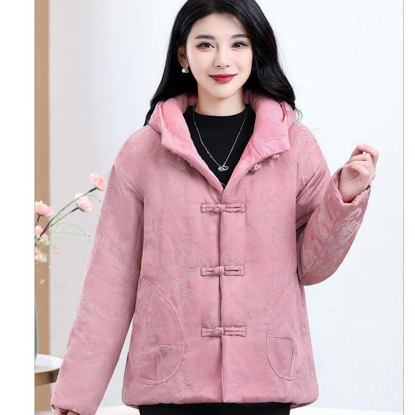 新疆长绒棉连帽棉袄保暖加厚棉服冬季大码新中式花棉袄