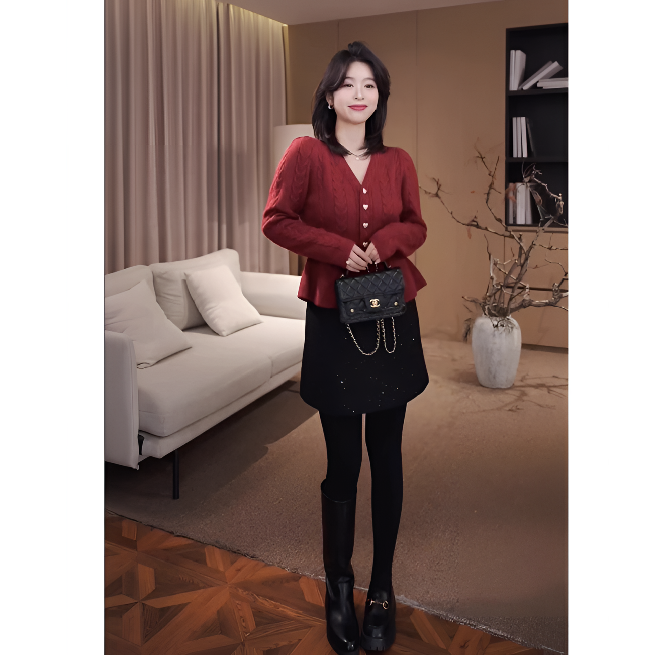 广州琴姐【点点星熠】黑色高腰亮片A字包臀裙毛呢半身短裙子冬 7790