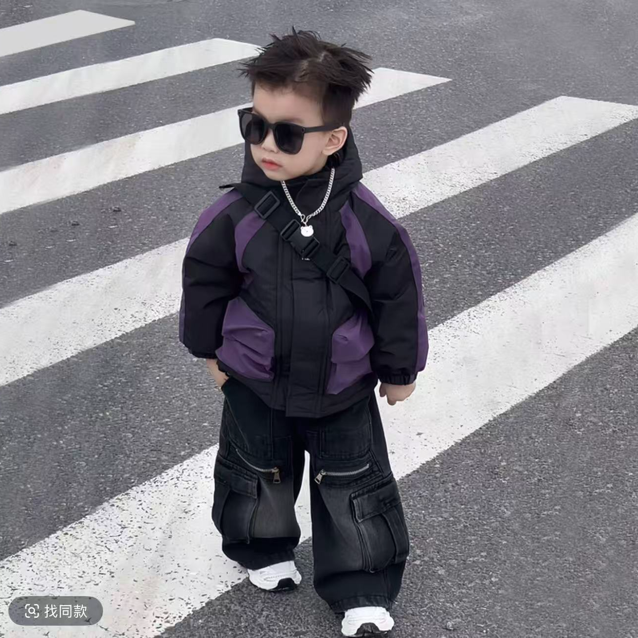 2025冲锋衣夹棉外套秋冬款韩版套装男童洋气痞帅童装