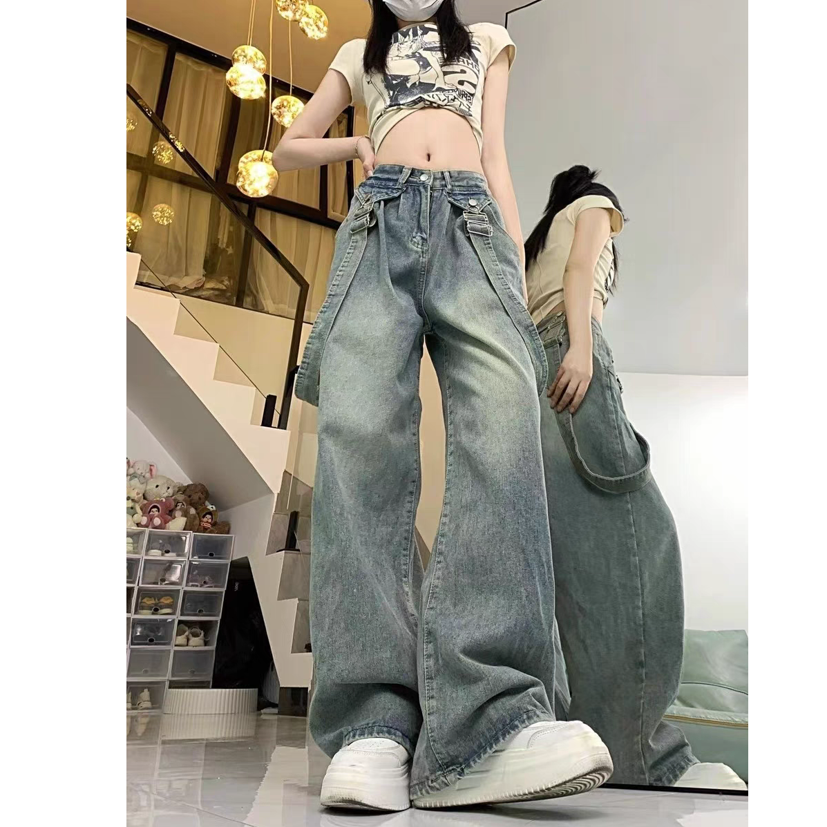 新款复古直筒百搭高腰宽松阔腿裤