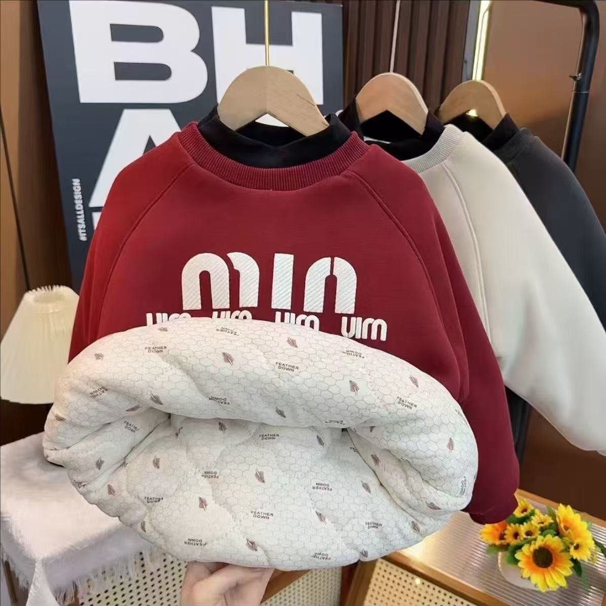 儿童加绒保暖印花卫衣冬季加厚卫衣冬季款男女童套头夹棉卫衣