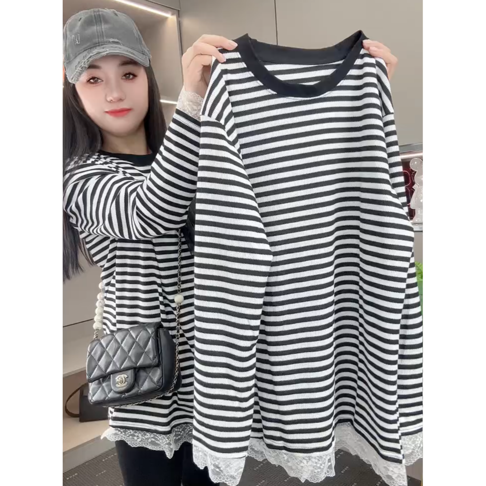 2024新款时尚百搭洋气蕾丝条纹大衫