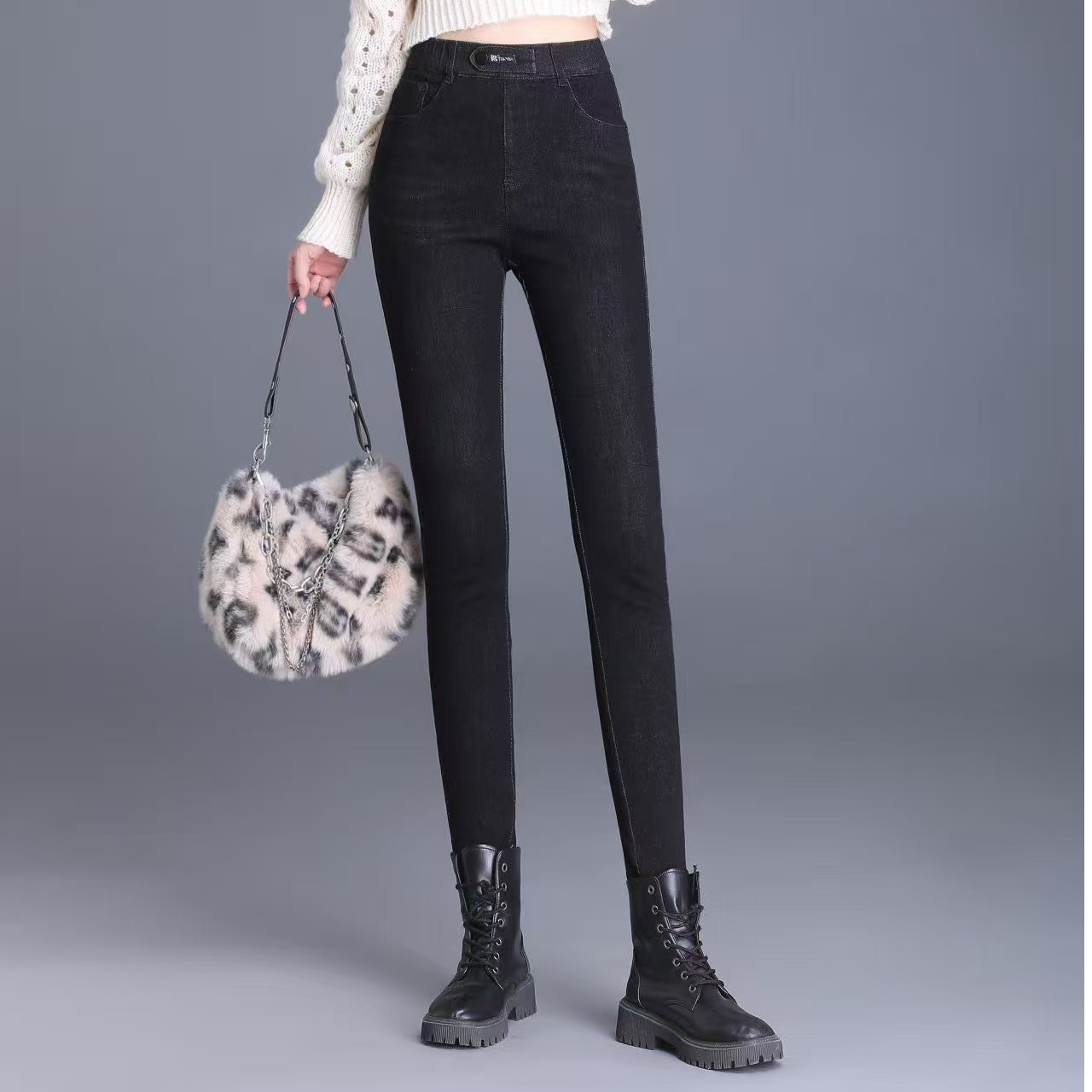 21163#(裤长95左右）2025冬加绒加棉牛仔女秋冬高腰修身小脚铅笔裤