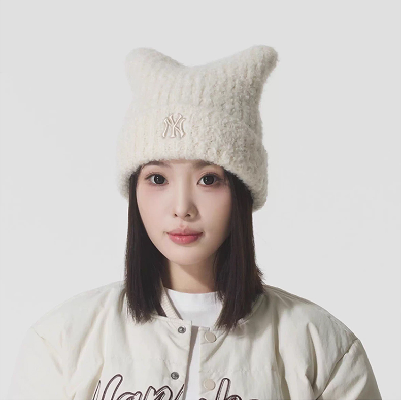 韩国MLB正品智敏同款运动帽子户外休闲猫耳朵保暖针织帽绒线帽子
