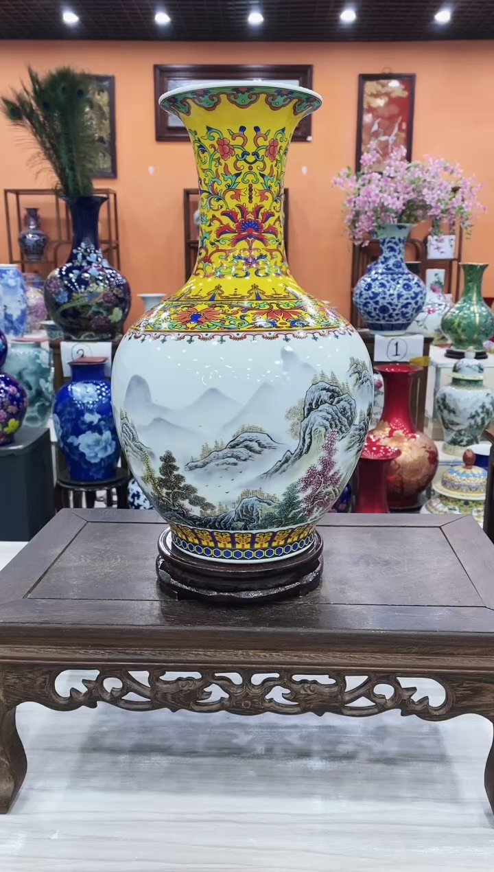 摆件100件黄色珐琅彩宁静致远赏瓶+旋转底座