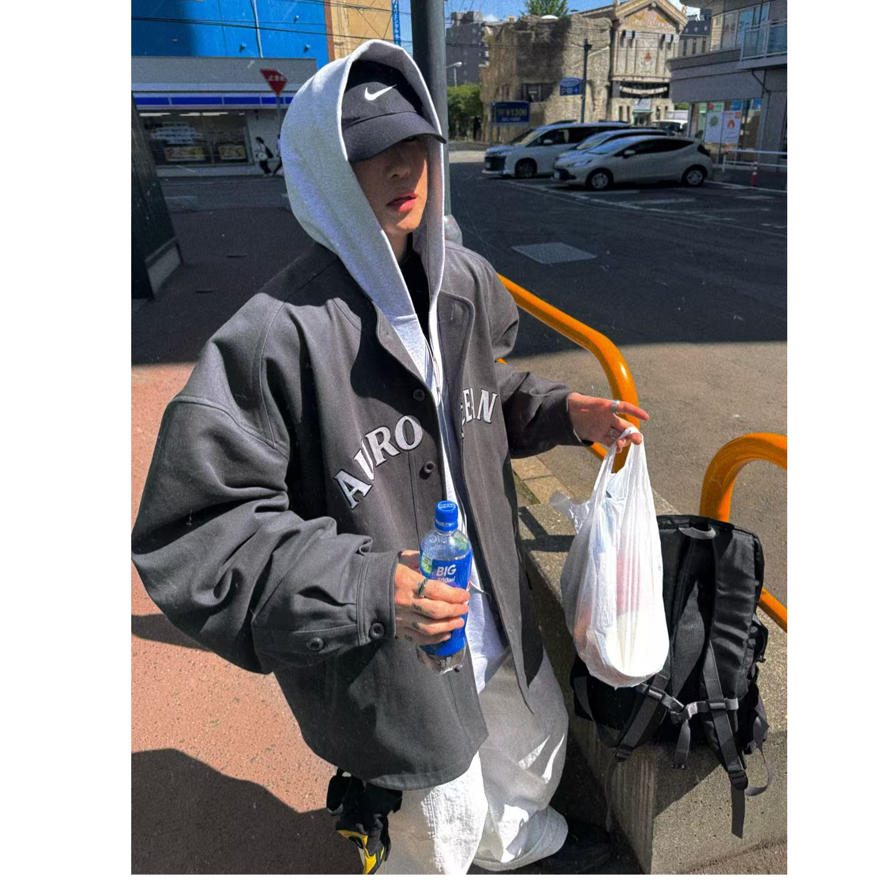 Aurocean 深灰色棒球开衫外套 复古少年宽肩廓形进口贴布绣夹克