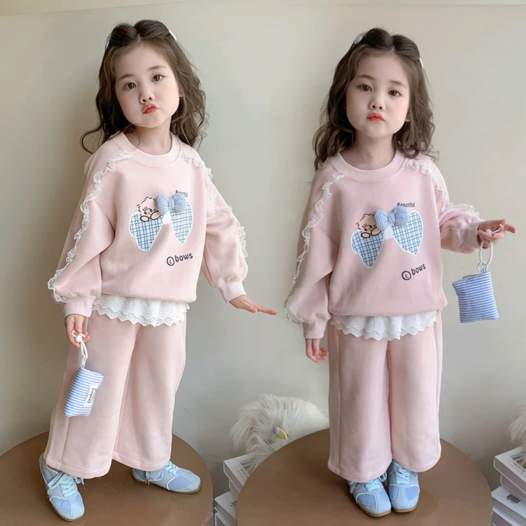 【秋上新】春秋女甜美蝴蝶结粉色女童套装女孩春日慢人风