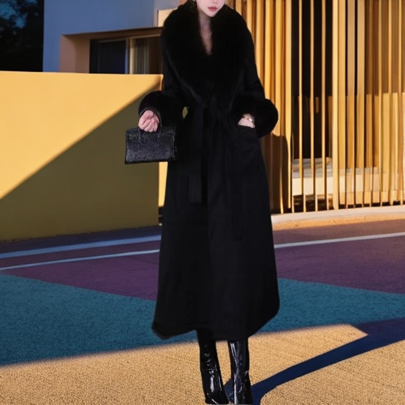 经典黑色超大狐狸毛领双面羊毛大衣修身显瘦加长款