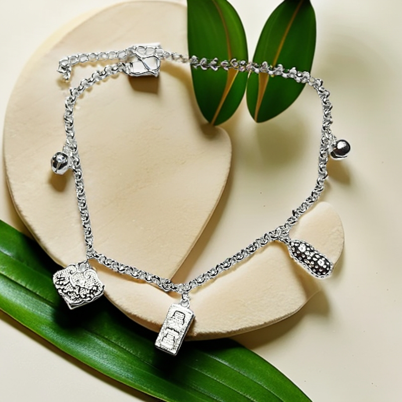 足银脚链 好事发生福袋铃铛设计脚链