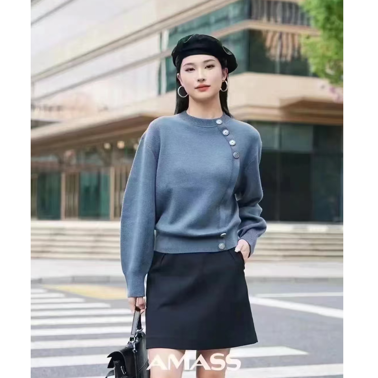 AMASS/阿玛施秋冬新款圆领长袖毛衣女时尚宽松设计感百搭 5399738