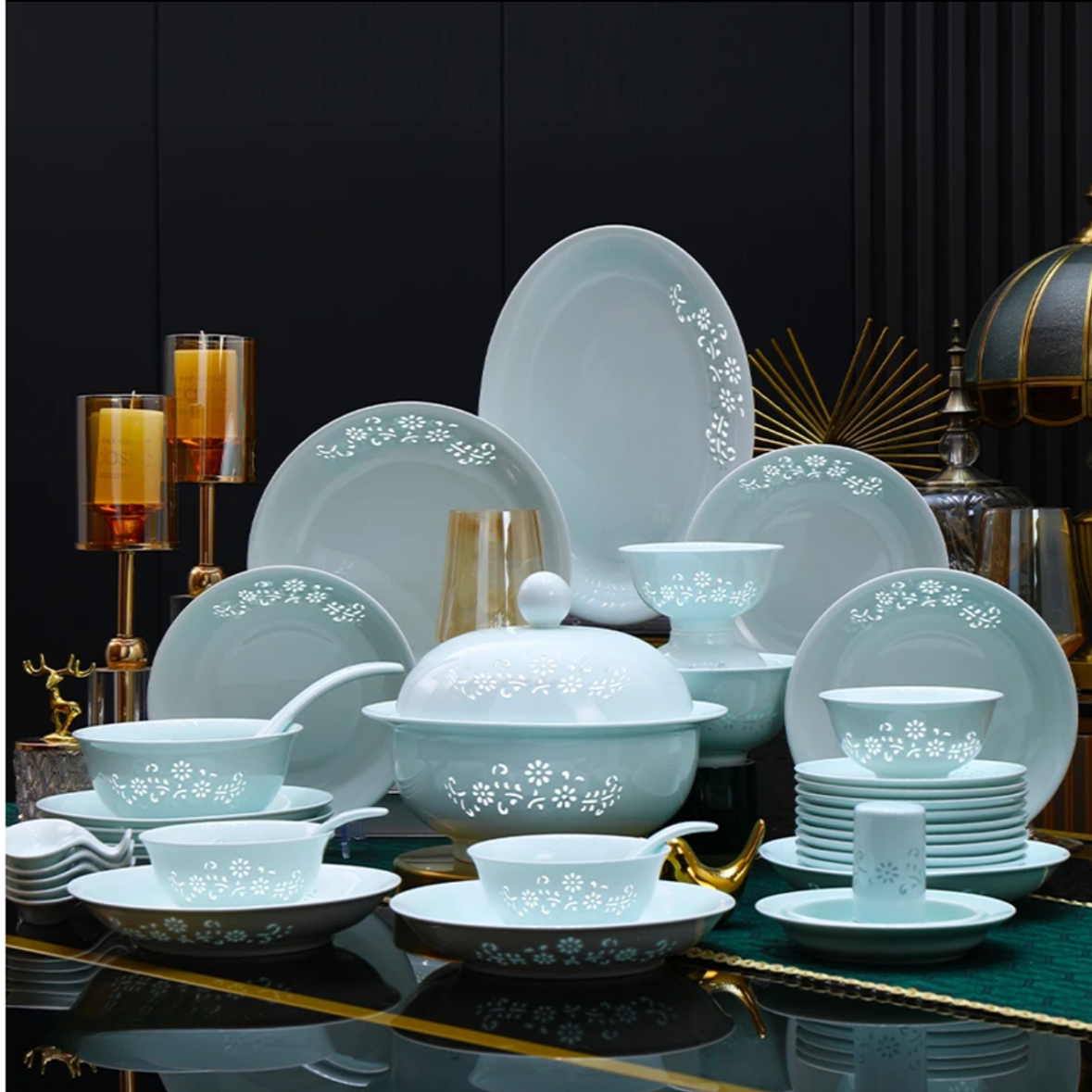 景德镇高白泥蒲公英玲珑套装68头高端餐具家用乔迁送礼碗盘高档