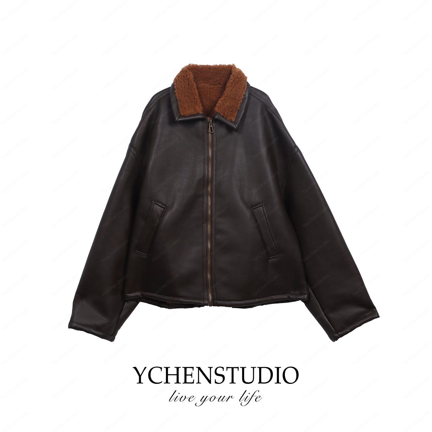 YC【蛮荒】冬季新款复古百搭黑咖撞色翻领PU皮加绒棉衣保暖外套