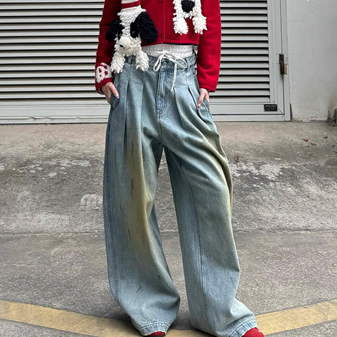 河岸家买手店设计师FORDARE双腰头做脏倒褶阔腿牛仔裤女25春