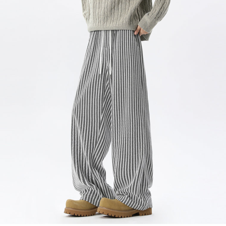 白色鱼骨条纹裤子男女美式小香风阔腿托地裤宽松直筒休闲