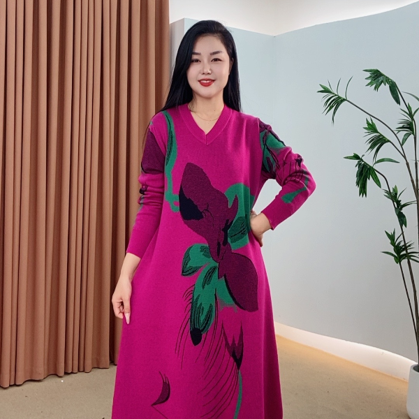 735秋冬季时尚针织提花长袖长款V领百搭围巾款连衣裙显瘦妈妈装