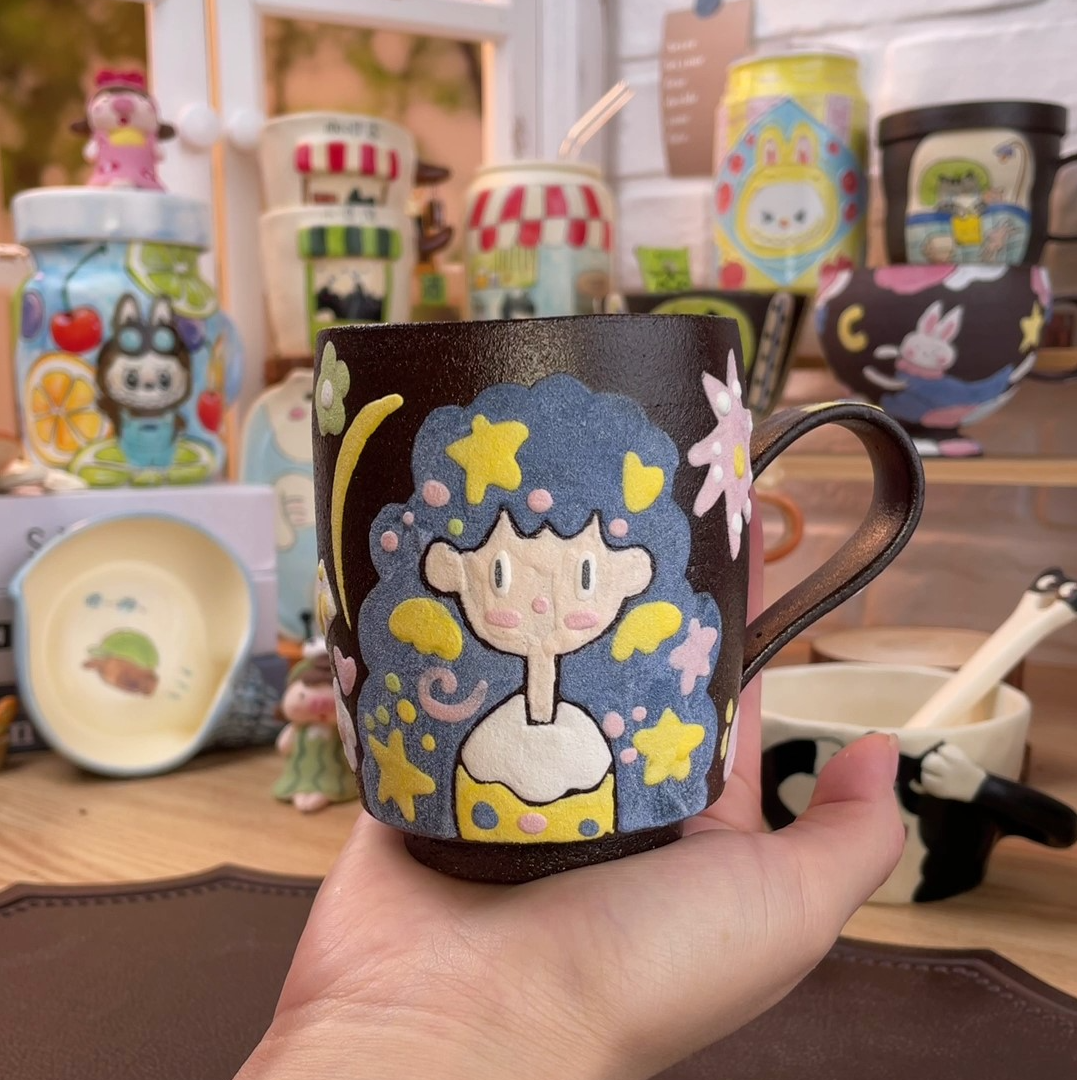 景德镇创意手绘文创岩彩紫砂可爱美少女马克杯