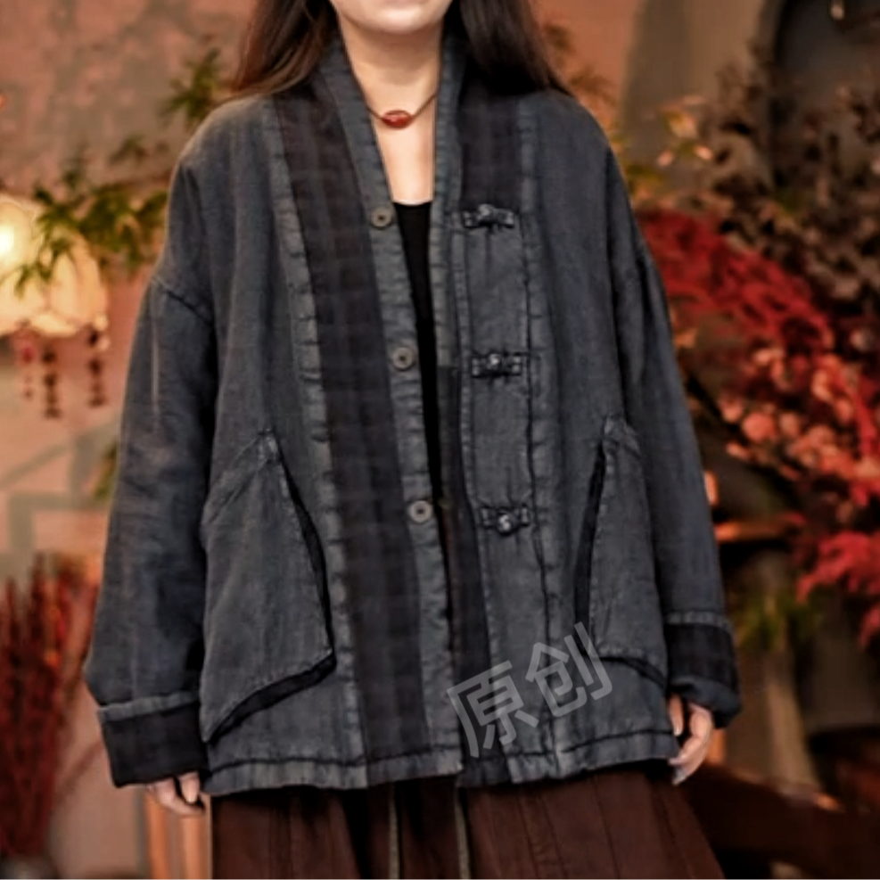 3033【靖原创高品质亚麻手工盘扣拼色小棉衣男女通穿（长68胸围160）