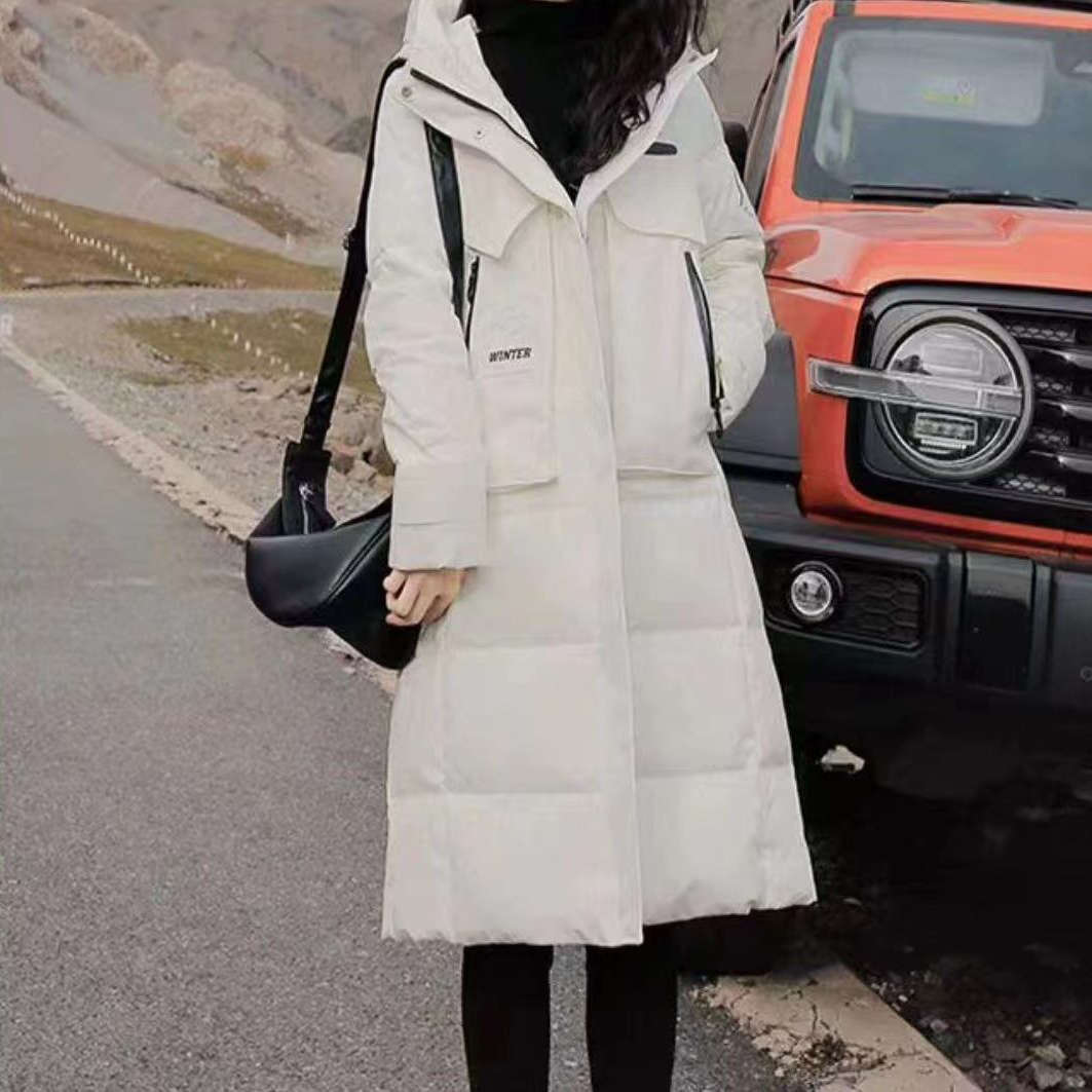 冬季百搭休闲简约连帽长款羽绒服H2343