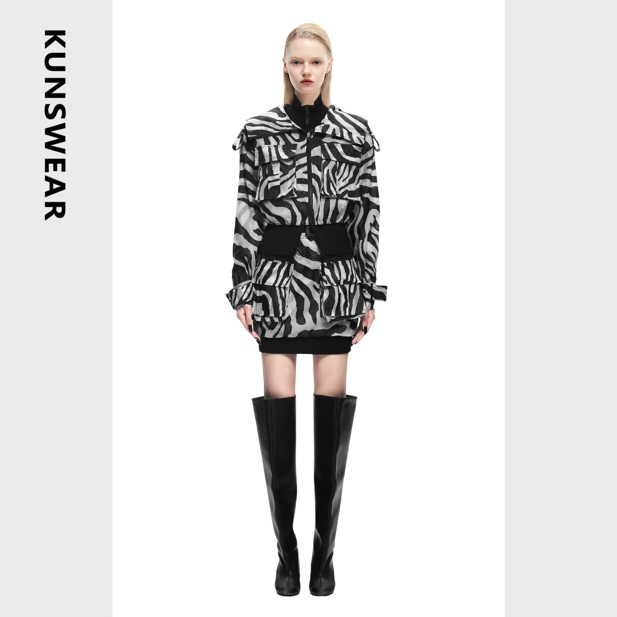 KUNSWEAR/琨丝薇尔25FA 斑马纹设计时尚拼接收腰外套女 836002170