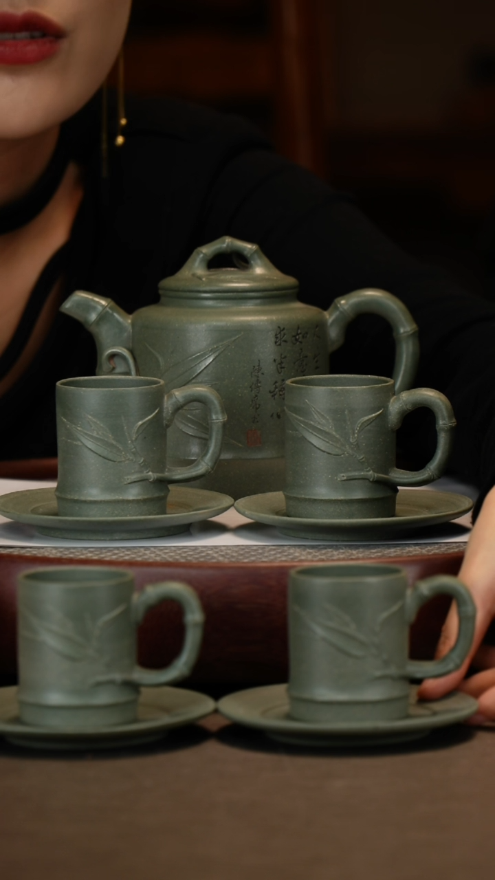 【闪购商品】紫砂茶壶雪华绿泥高竹节套组春夏秋冬四条屏300c