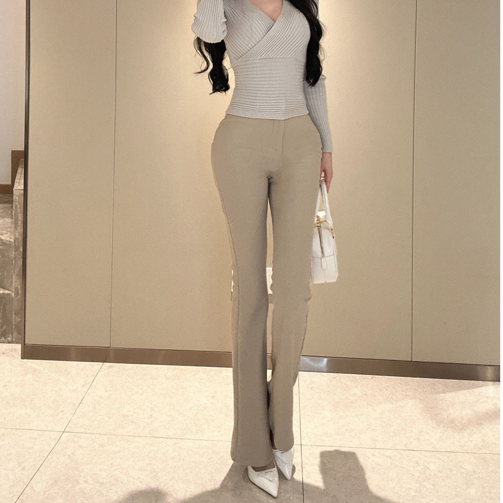 NOV晚妤韩雨嘉加绒喇叭裤高腰休闲微喇西装裤修身显瘦弹力长裤