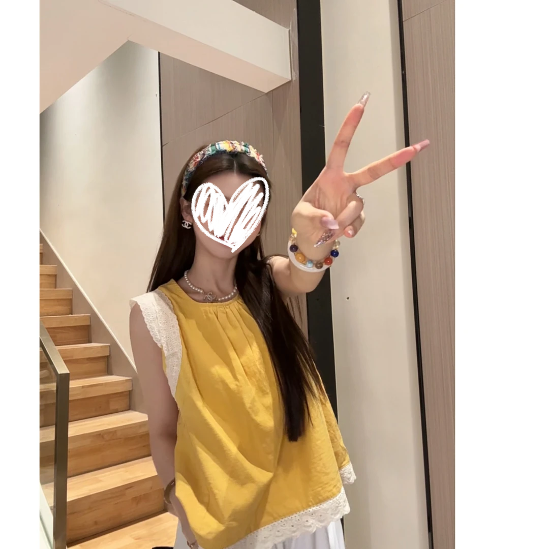 蕾丝花边拼接无袖衬衫女夏季设计感娃娃衫小个子气质甜美小衫1379