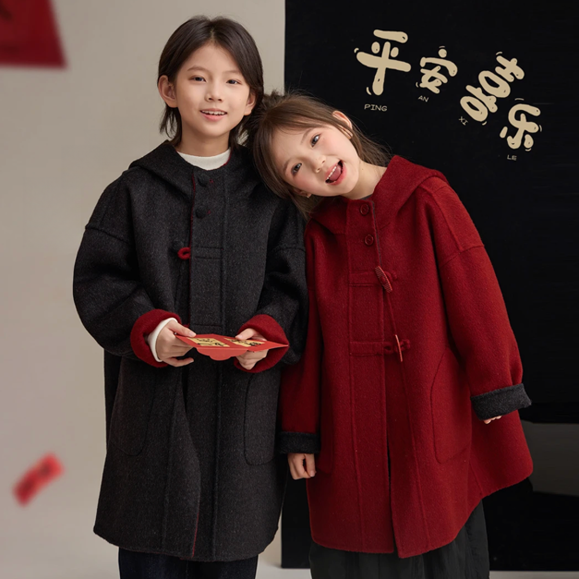 儿童冬季保暖毛呢大衣外套男女童中长款双面呢大衣两面穿新年服
