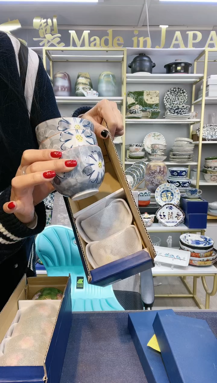 【闪购商品】碗有田烧手绘蓝灰色樱花茶杯5件套