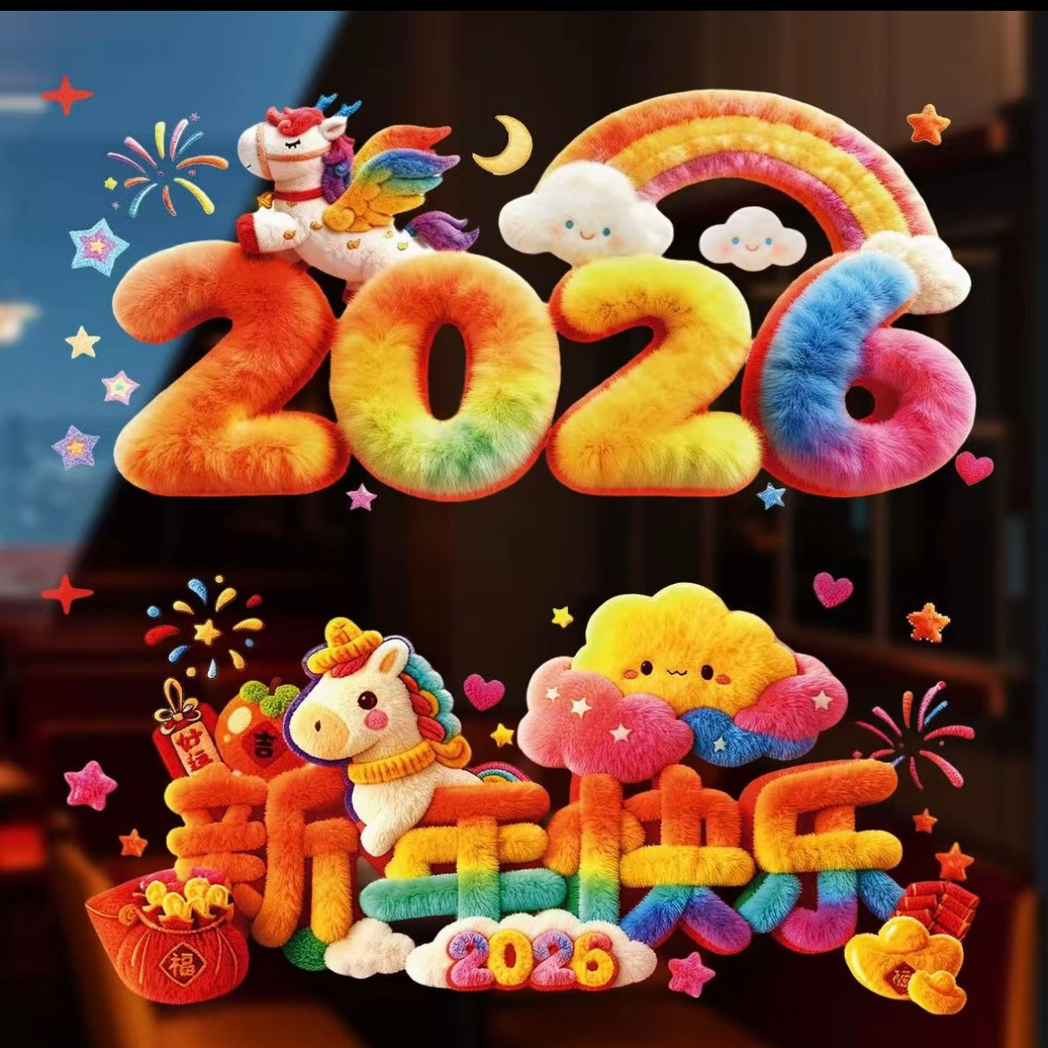 2026新款马年装饰窗花静电玻璃贴过年春节氛围布置橱窗5D毛绒贴纸