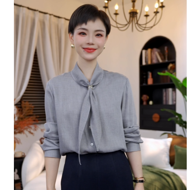 【橙蜜客】云影清灰  高级感飘带衬衫衬衣2554C000684