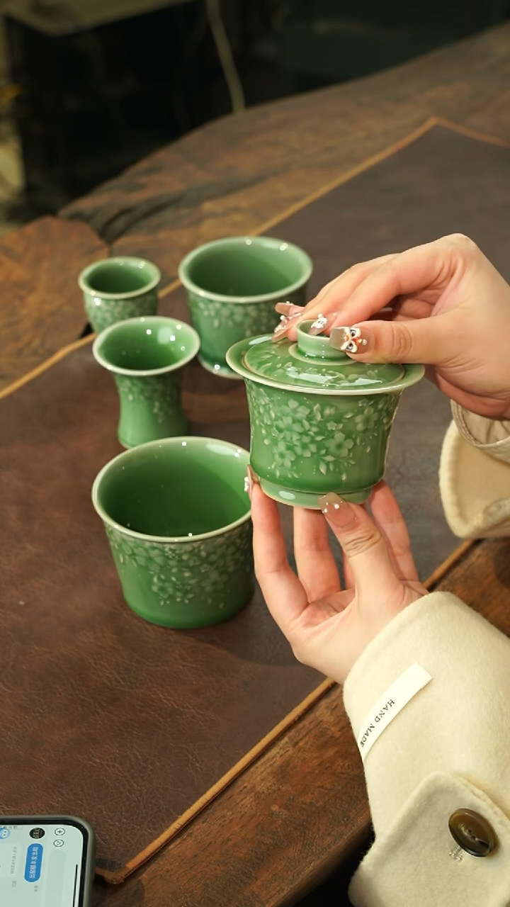 【闪购商品】瓷片李斌 梅子青繁花 盖碗