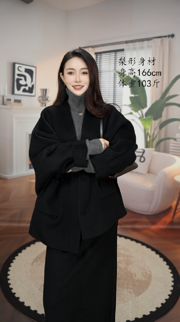 25冬新款绵羊毛黑色时尚百搭气质中长款宽松大衣外套女