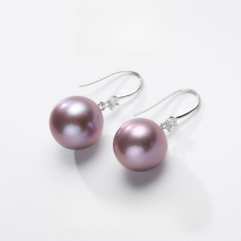 【暹罗珠宝】S925银淡水紫色珍珠王妃耳钩13-14mm