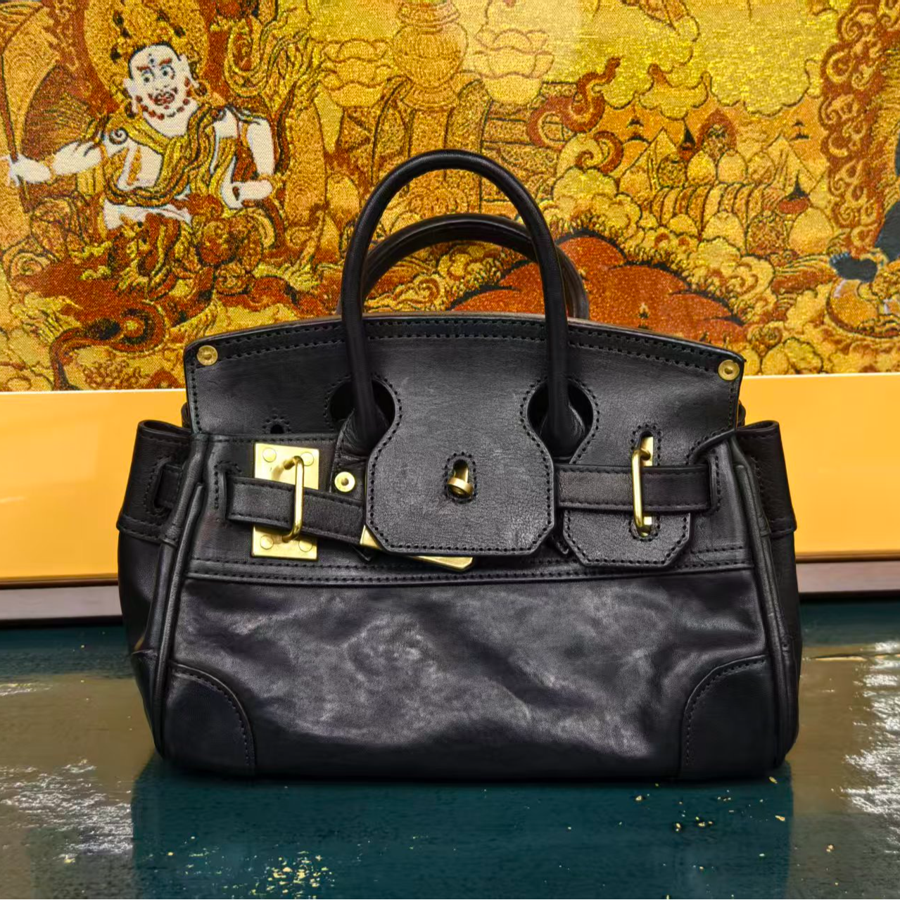 古舞水洗马皮亮片车缝线百搭经典手提包竹节真皮波士顿包【L】