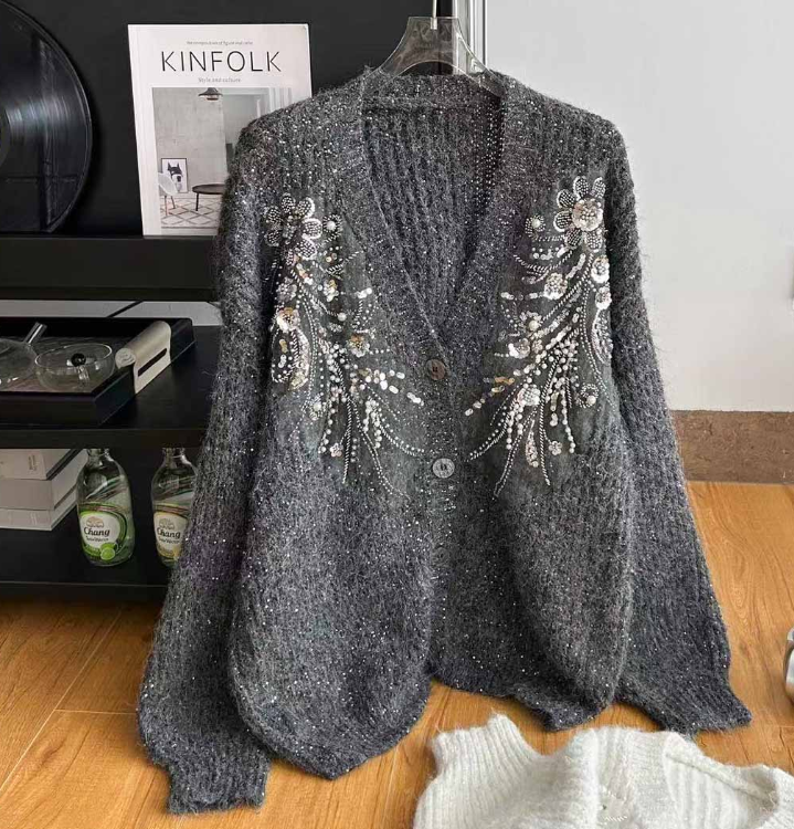 S重工亮片钉珠设计感毛衣外套针织开衫宽松5464