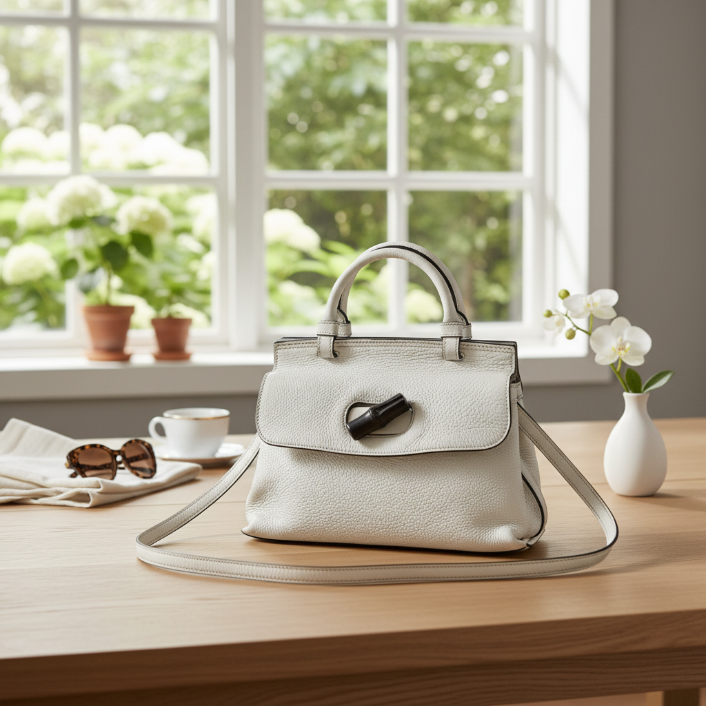 95新 GUCCI/古驰 奶白色竹节单肩包1786 2634